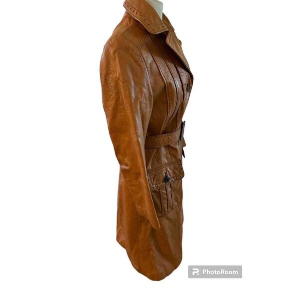 Vintage 70s Montgomery Ward The Tannery Belted BURNT ORANGE TRENCH Leather COAT - Picture 2 of 5